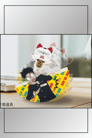 Dandadan acrylic figurine featuring Ken Takakura in a comic panic pose with maneki-neko Turbo Granny cat on a DAH DAH printed base