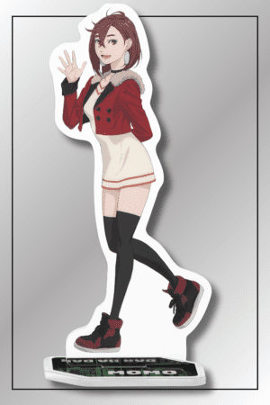 Momo Ayase acrylic stand from Dandadan anime in casual red jacket and boots