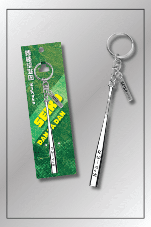 Dandadan anime keychain of Seiko Ayase’s silver baseball bat with packaging on green card