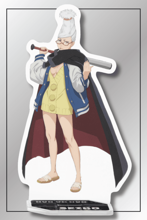 Seiko Ayase Granny acrylic stand from Dandadan anime wearing cape and holding Baseball Bat in heroic pose