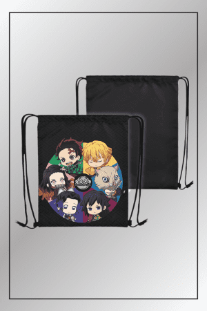 Demon Slayer anime drawstring bag with chibi characters and black reverse side shown in front-and-back view