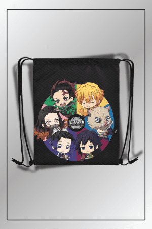 Demon Slayer black drawstring bag with chibi Tanjiro, Nezuko, Zenitsu, Inosuke, Giyu, and Shinobu surrounding rice bowl