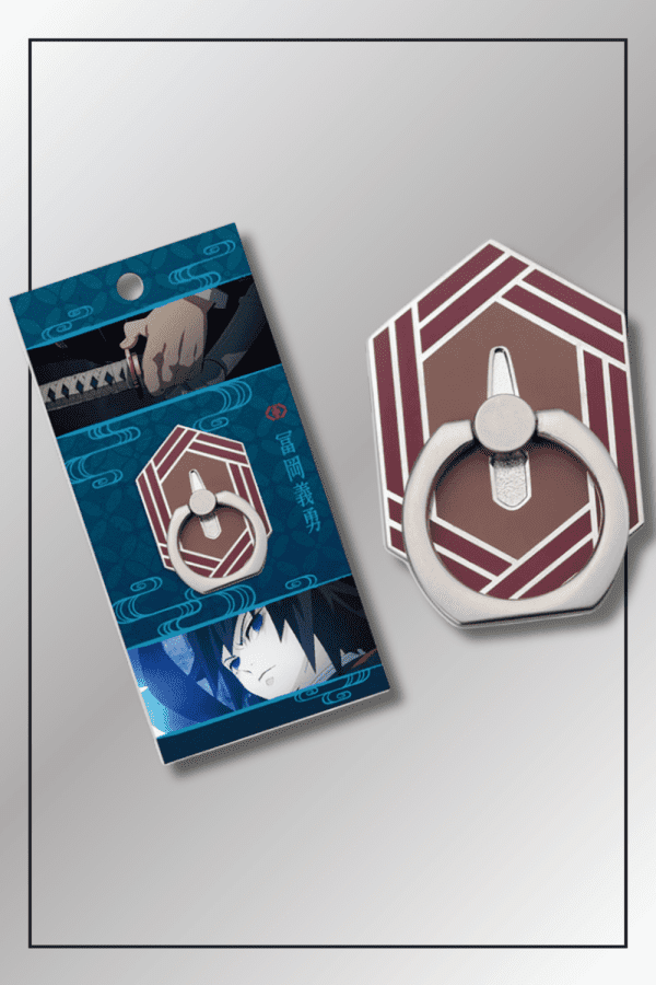 Giyu Tomioka-themed phone ring holder hilt guard and retail packaging from Demon Slayer