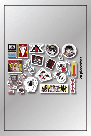Hunter x Hunter 20-piece anime sticker set featuring characters and symbols like Hisoka, Killua, and Phantom Troupe