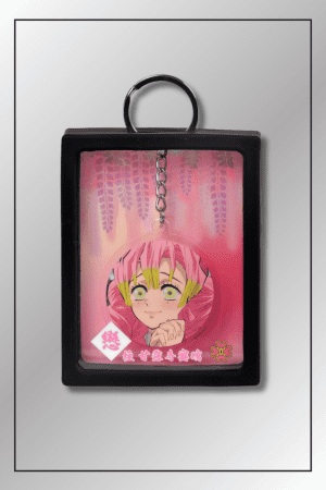 Mitsuri Kanroji Love Hashira keychain from Demon Slayer in black display frame with wisteria blossom design