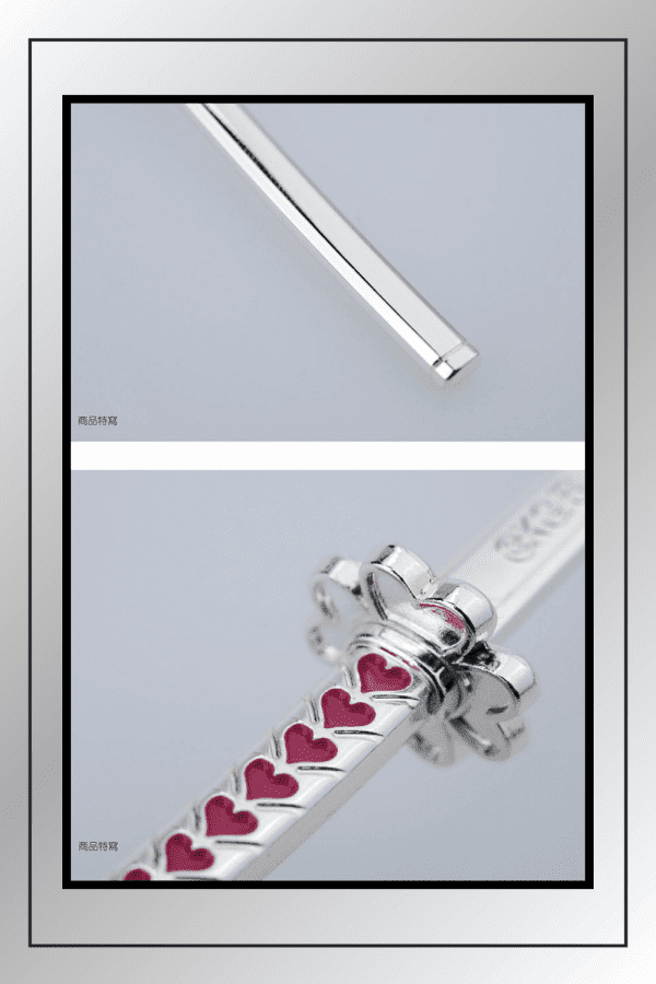 Close-up of Mitsuri Kanroji’s Nichirin Sword hilt with pink heart designs from Demon Slayer anime