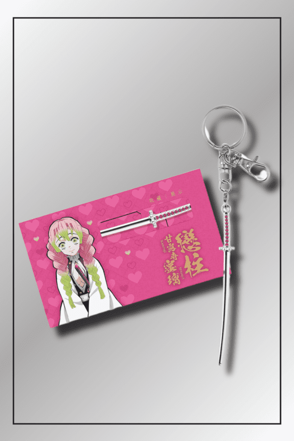 Mitsuri Kanroji Demon Slayer Nichirin Sword keychain with heart-themed packing card
