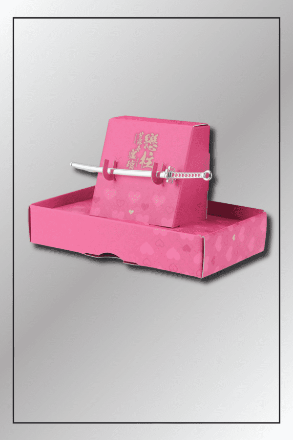 Miniature replica of Mitsuri Kanroji’s Nichirin Sword from Demon Slayer with pink heart-themed display stand