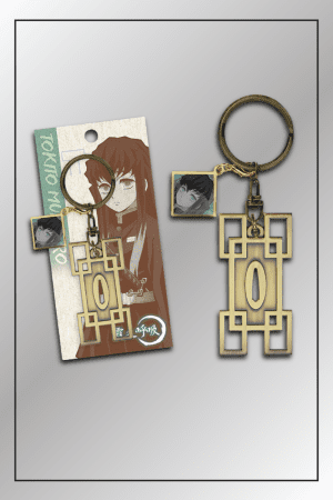 Muichiro Tokito Demon Slayer keychain featuring golden geometric Nichirin tsuba and character portrait charm