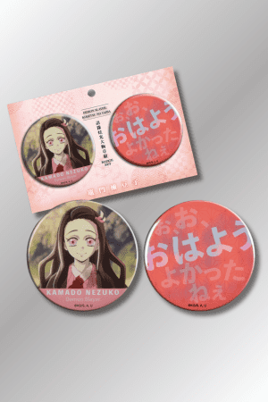 Nezuko Kamado 2-piece badge pin set from Demon Slayer featuring one portrait design and one with Japanese text on pink background