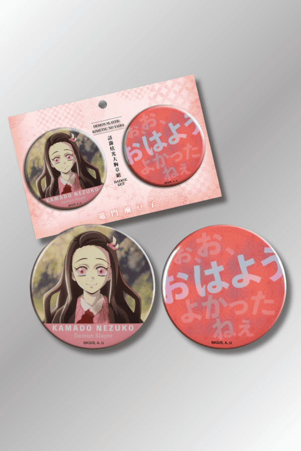 Nezuko Kamado 2-piece badge pin set from Demon Slayer featuring one portrait design and one with Japanese text on pink background