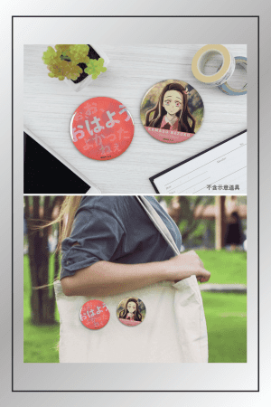 Nezuko Kamado badge pin set from Demon Slayer featuring character portrait and Japanese text design shown on a tote bag and desk setup