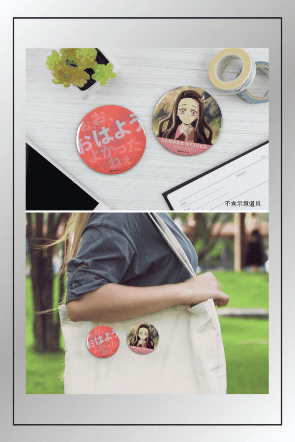Nezuko Kamado badge pin set from Demon Slayer featuring character portrait and Japanese text design shown on a tote bag and desk setup