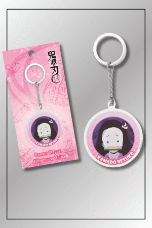 Nezuko Kamado chibi acrylic keychain from Demon Slayer with purple-pink design shown in packaging and unboxed