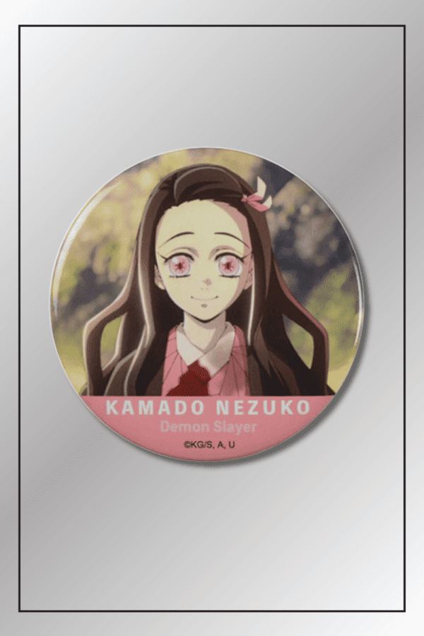Nezuko Kamado portrait badge pin from Demon Slayer with nameplate and pink-themed background