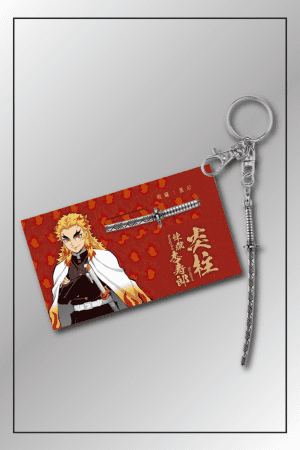 Kyojuro Rengoku Demon Slayer Nichirin Sword keychain with flame-themed packing card