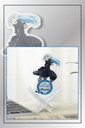 That Time I Got Reincarnated as a Slime Rimuru Tempest acrylic anime-figurine-stand in lifestyle desk setup with laptop and indoor plant