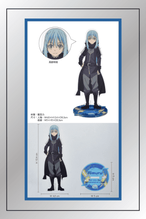 Full specification view of the Rimuru Tempest acrylic anime-figurine-stand from That Time I Got Reincarnated as a Slime with detailed size chart and close-up