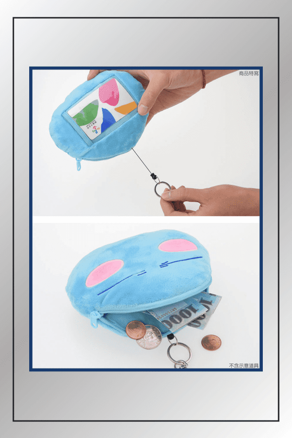 That Time I Got Reincarnated as a Slime Rimuru Tempest plush coin purse shown storing ID cards, coins, and cash in real-use demo