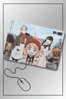 Spy x Family mouse pad featuring Loid, Anya, Yor, and Bond Forger against a festive backdrop.