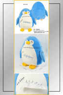 Spy x Family penguin tissue cover with size chart and close-up stitching design details.