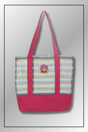 Front view of the Spy x Family Anya Forger striped Tote Bag with bright pink accents and character patch.