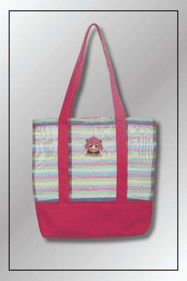 Front view of the Spy x Family Anya Forger striped Tote Bag with bright pink accents and character patch.