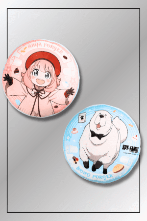 Round anime cushions featuring Anya Forger in pink and Bond Forger in blue from Spy x Family.
