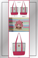 Front and back views of the Spy x Family Tote Bag with a close-up of the Anya patch and size specs.