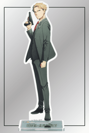 Loid Forger acrylic stand figure from Spy x Family holding a pistol, in classic spy pose.