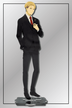 Loid Forger acrylic figure in black formal suit with red tie, standing on a decorative base.