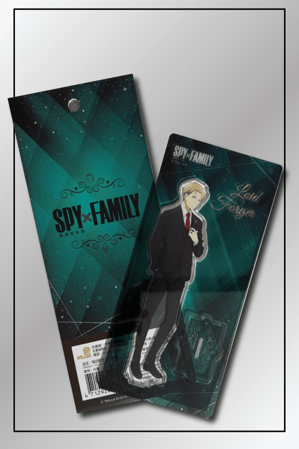 Blister Packaged view of Loid Forger acrylic figure in formal attire with official Spy x Family branding.