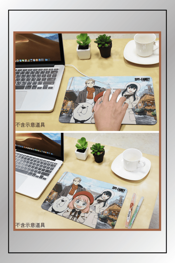 Spy x Family mouse pad in use on an office desk setup, complementing a laptop and accessories.