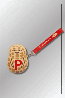 Spy x Family peanut-shaped silicone coin purse with red wrist strap and embossed "P" symbol.