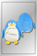 Front and back view of Spy x Family plush penguin tissue box cover in blue with stitched detailing.