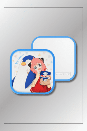 Spy x Family coaster with Anya Forger holding a peanut pack and a penguin plush, shown with front and back views.