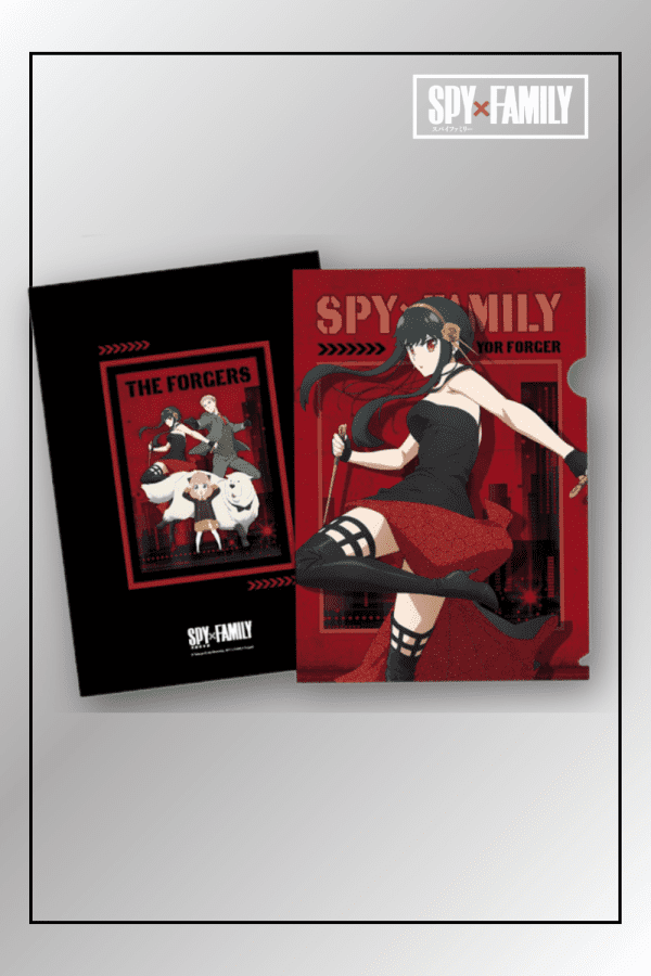 Yor Forger clear file folder in red with elegant pose and a reverse "The Forgers" group print.