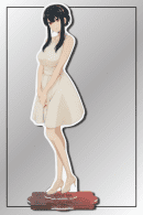 Yor Forger acrylic figurine in an elegant white dress from Spy x Family standing on a red decorative base.