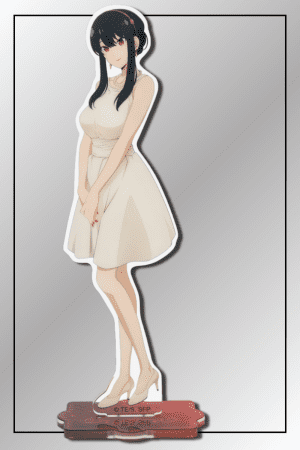 Yor Forger acrylic figurine in an elegant white dress from Spy x Family standing on a red decorative base.