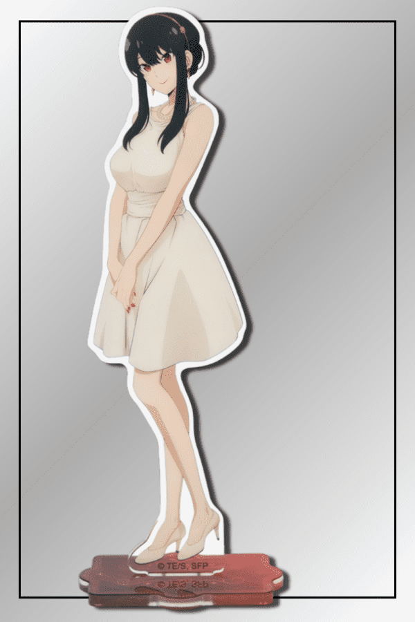 Yor Forger acrylic figurine in an elegant white dress from Spy x Family standing on a red decorative base.
