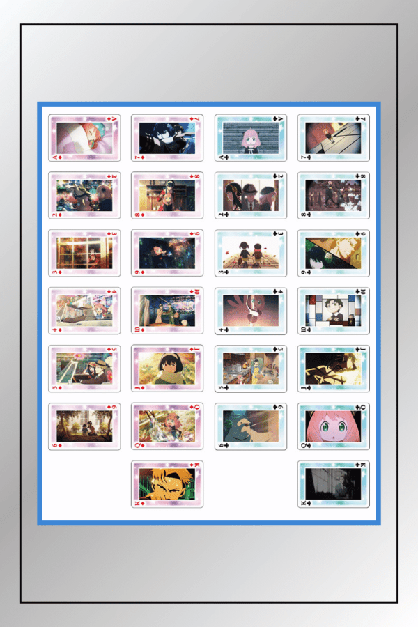 Complete front layout of SPY x FAMILY pokerOverview of SPY x FAMILY full poker deck with character and episode screenshots playing cards with anime scenes