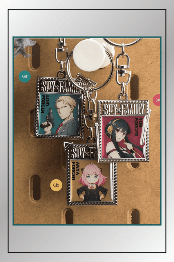 SPY x FAMILY character keychain set featuring Loid, Yor, and Anya Forger in metal frames