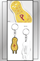 SPY x FAMILY keychain with close-up, front and back views, and size specs