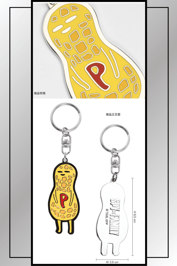 SPY x FAMILY keychain with close-up, front and back views, and size specs