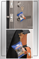 SPY x FAMILY peanut keychain hanging on a door and backpack for display
