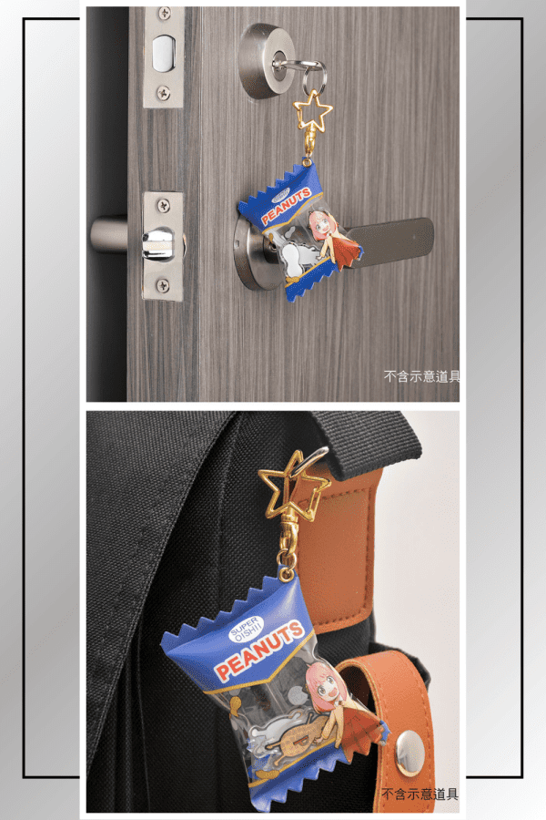 SPY x FAMILY peanut keychain hanging on a door and backpack for display