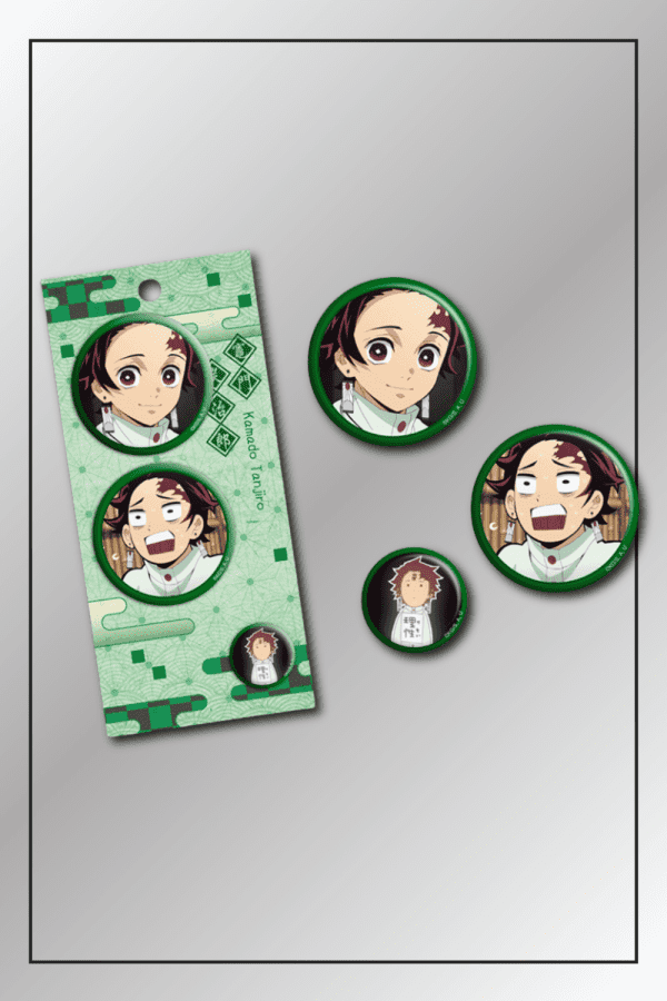 2-piece Tanjiro Kamado badge pin set from Demon Slayer anime showing multiple facial expressions with green display card