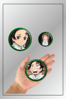 3-piece Demon Slayer badge pin set with Tanjiro Kamado expressions including one pin held in hand for size comparison