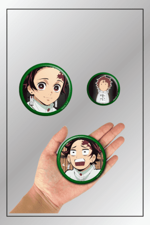 3-piece Demon Slayer badge pin set with Tanjiro Kamado expressions including one pin held in hand for size comparison