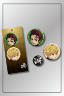Demon Slayer badge pin set featuring Tanjiro Kamado, Zenitsu Agatsuma, and the kanji symbol from the anime series